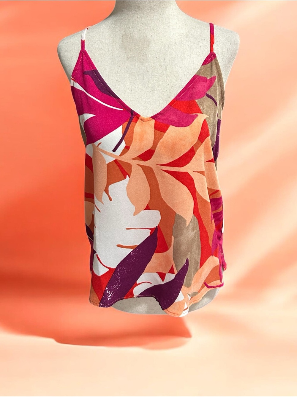 Floral Print V-Neck Cami Tank Top - Pink & Peach Size XS